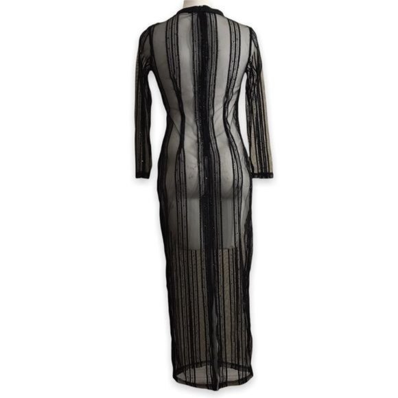 Black Sheer Mesh Sparkle Vertical Striped Maxi Dress | Gown - Picture 4 of 13
